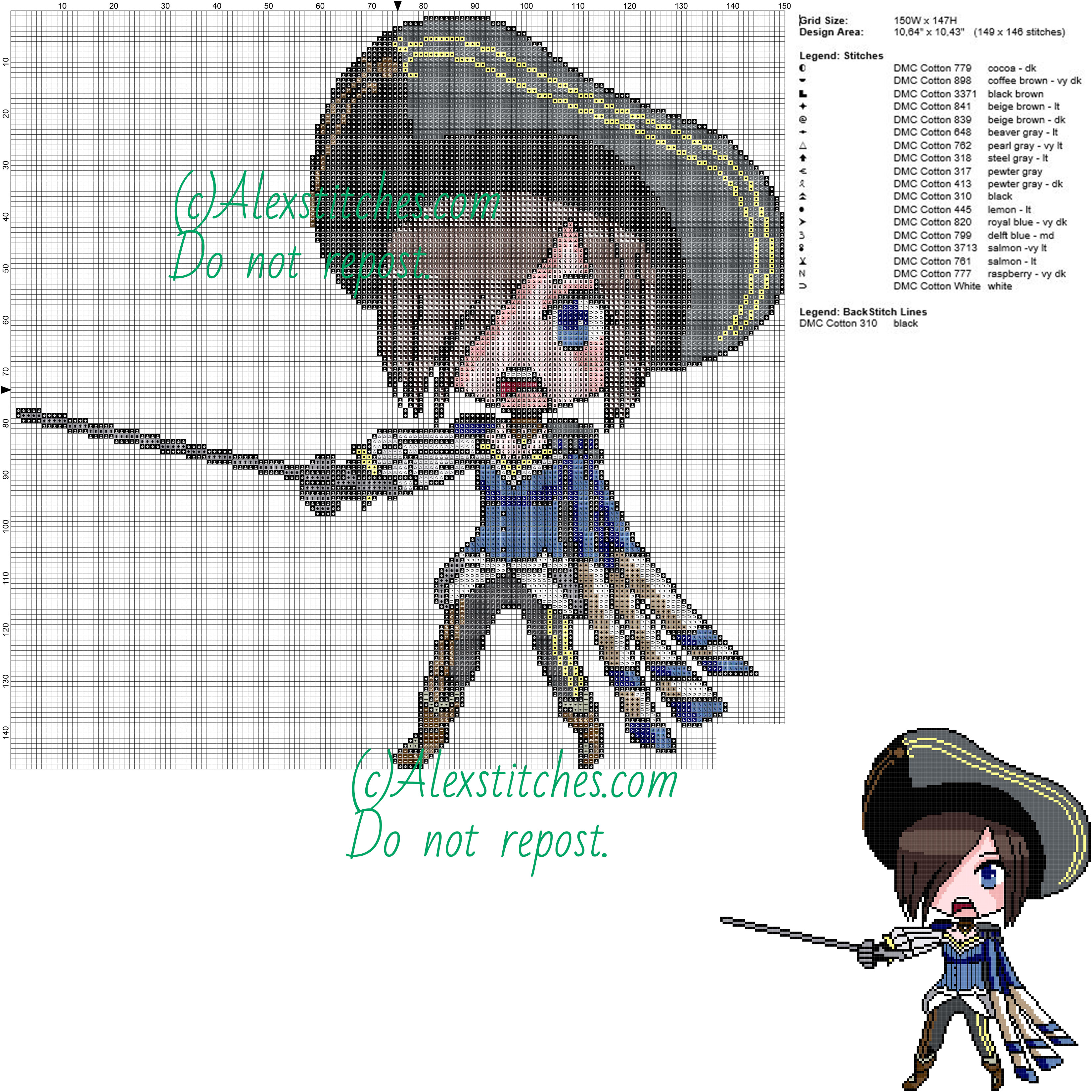 Fiora (League of Legends) free cross stitch pattern 150x147 18 colors