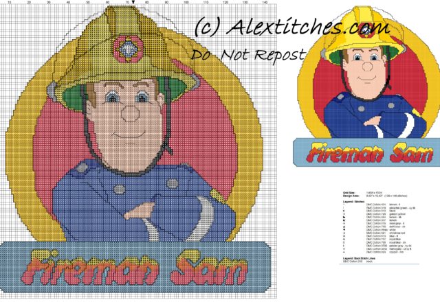 Fireman Sam free cross stitch pattern