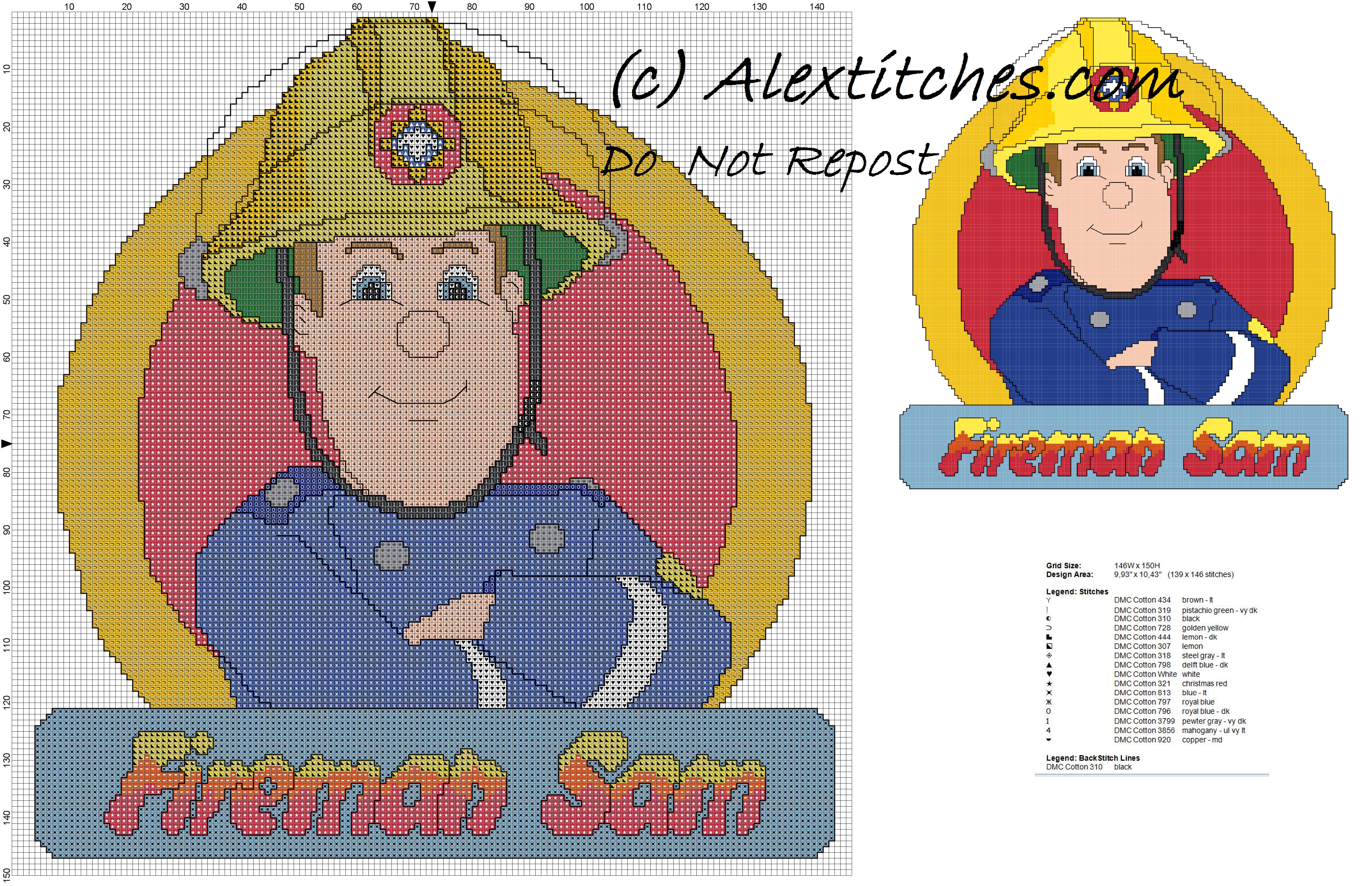 Fireman Sam free cross stitch pattern