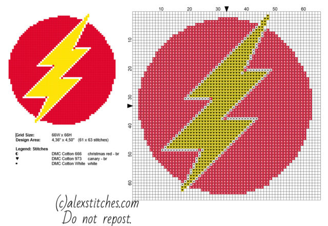 Flash Superhero logo free cross stitch pattern 61 x 63 stitches 3 DMC threads