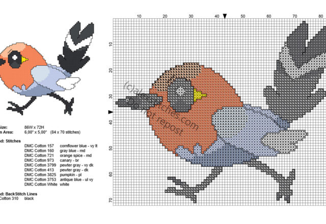 Fletchling Pokemon free back stitch cross stitch pattern