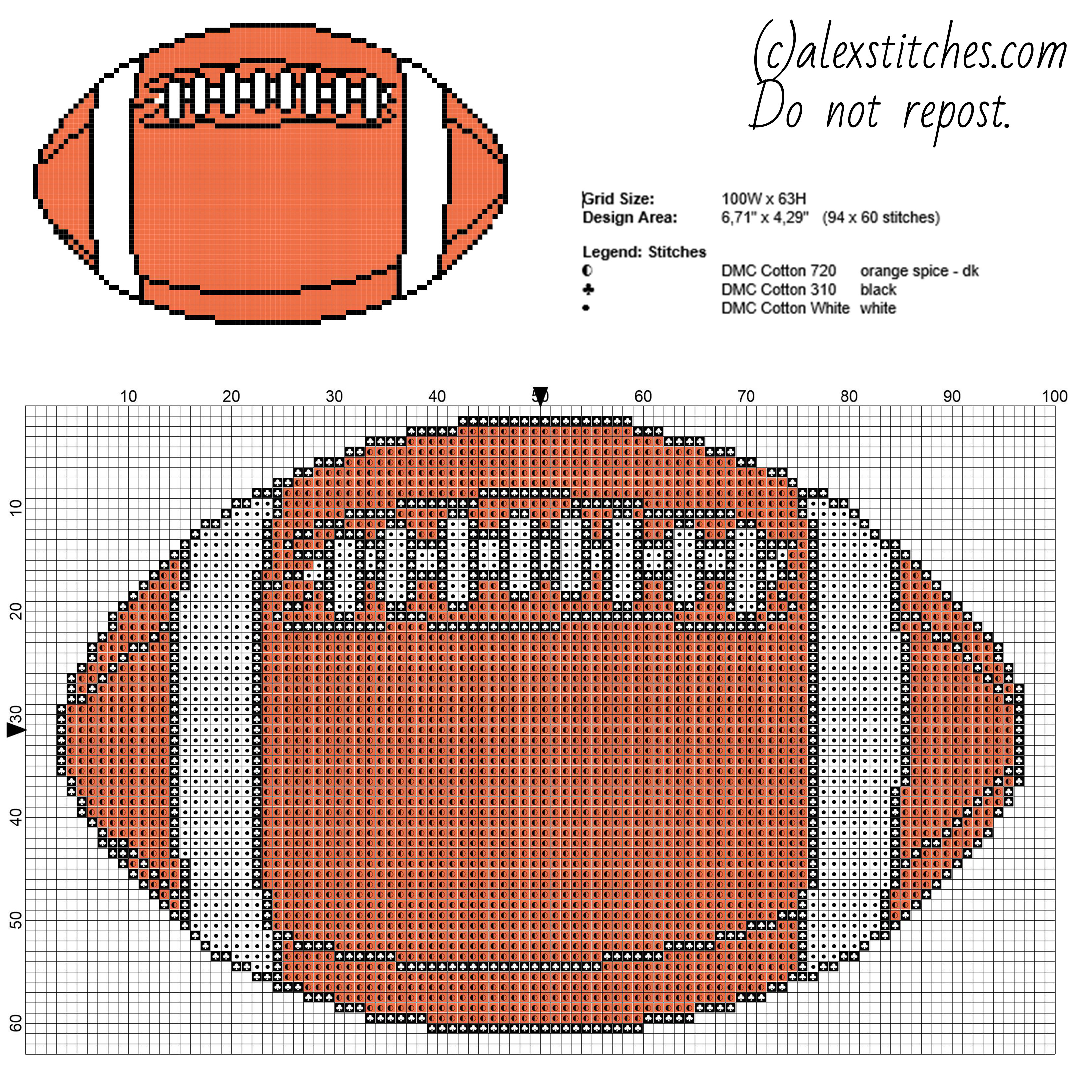 Football oval ball free cross stitch pattern size 94 x 60 stitches colors threads number 3