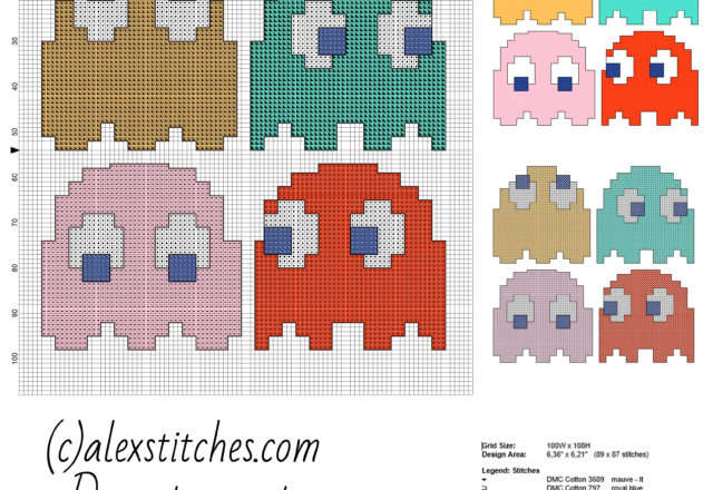 Four Pac Man enemies Blinky Inky Pinky Clyde free cross stitch pattern