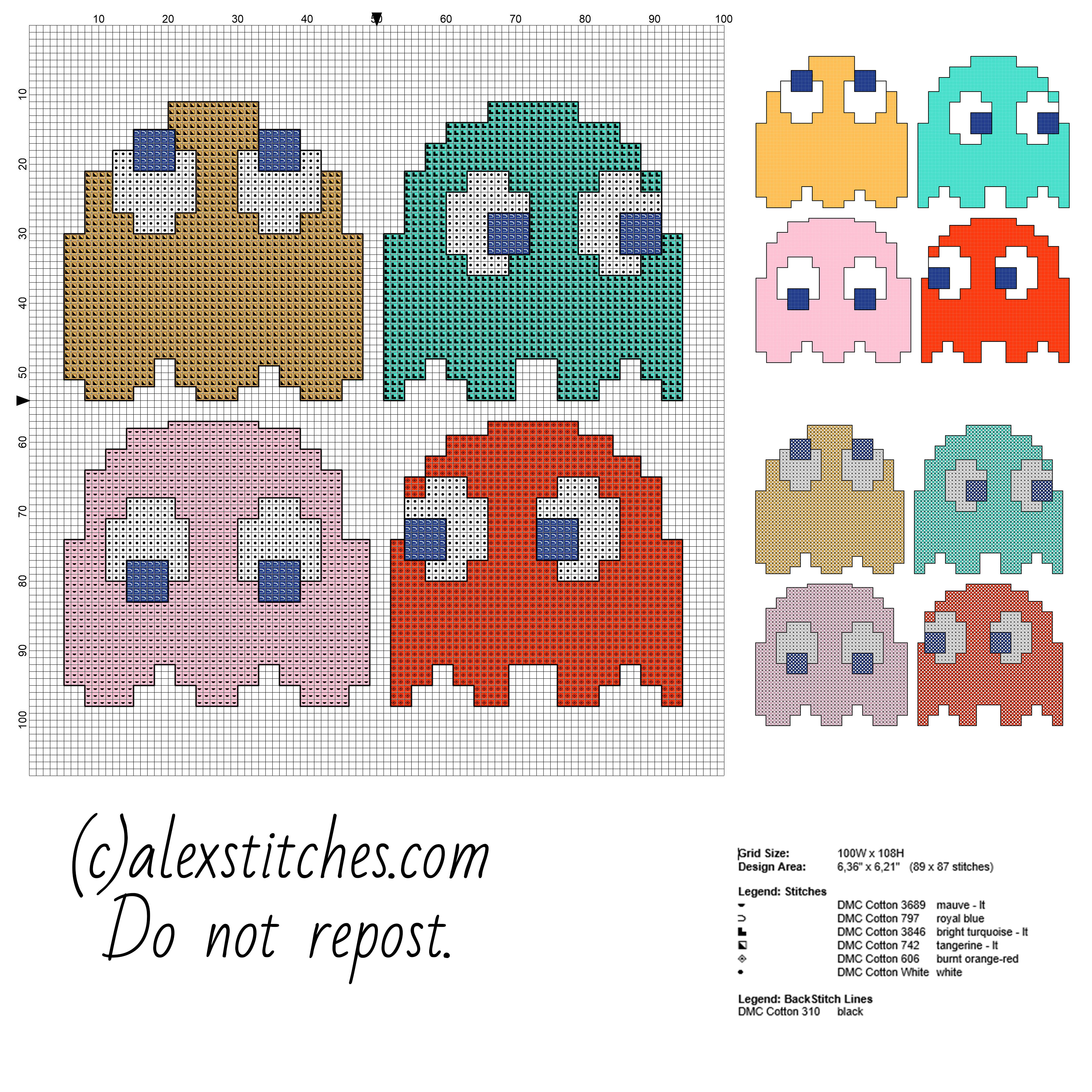 Four Pac Man enemies Blinky Inky Pinky Clyde free cross stitch pattern