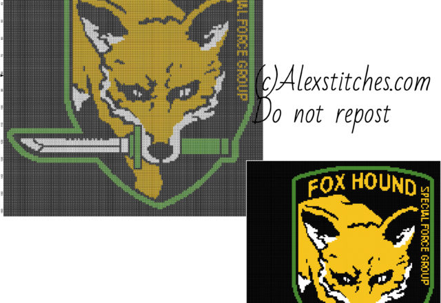 Fox Hound Metal Gear Solid free videogames cross stitch pattern 150x163 4 colors