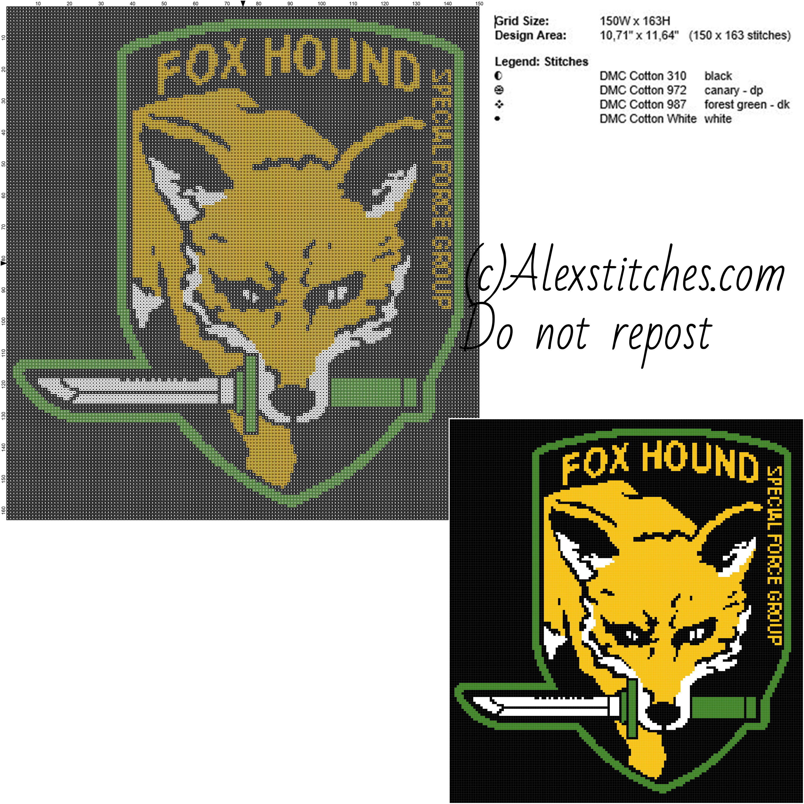 Fox Hound Metal Gear Solid free videogames cross stitch pattern 150x163 4 colors