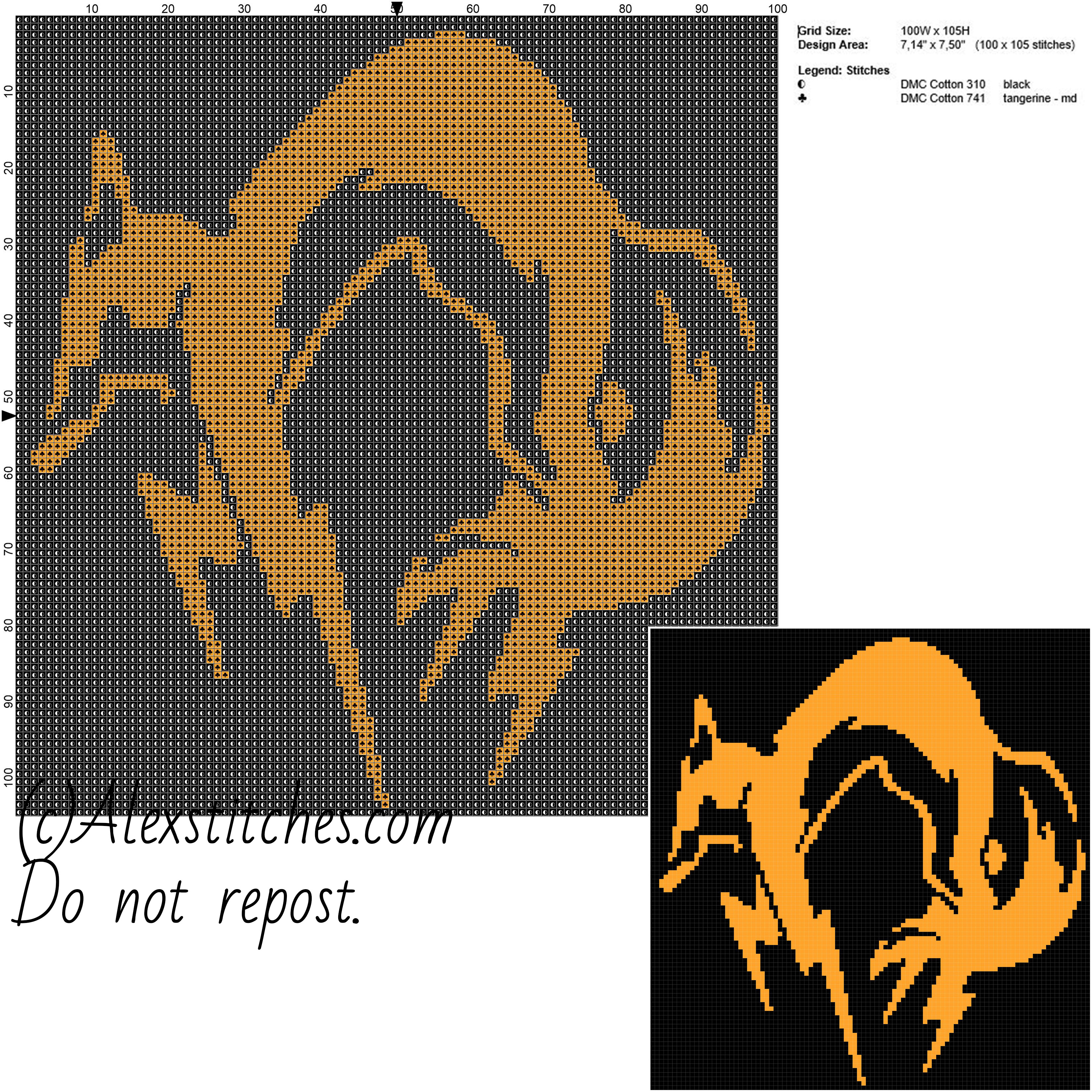 Fox Metal Gear Solid free cross stitch pattern 100x105 2 colors