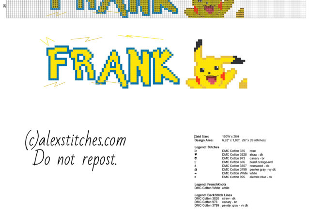 Frank baby male name with Pikachu Pokemon free cross stitch pattern