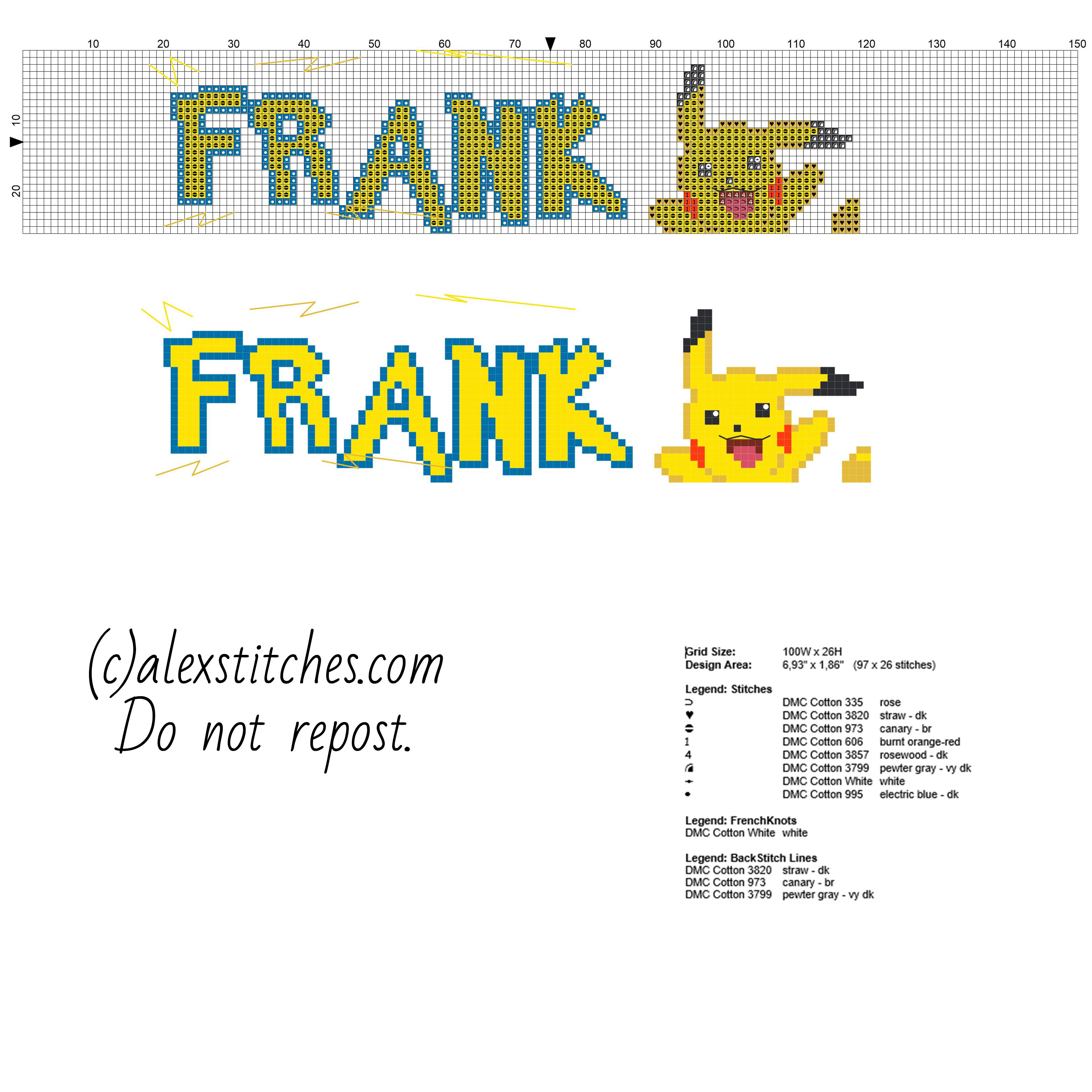 Frank baby male name with Pikachu Pokemon free cross stitch pattern