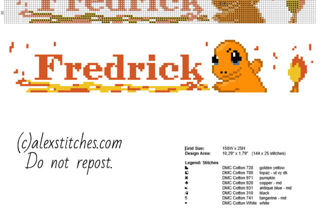 Fredrick cross stitch name male with Pokemon Charmander free download baby bib idea