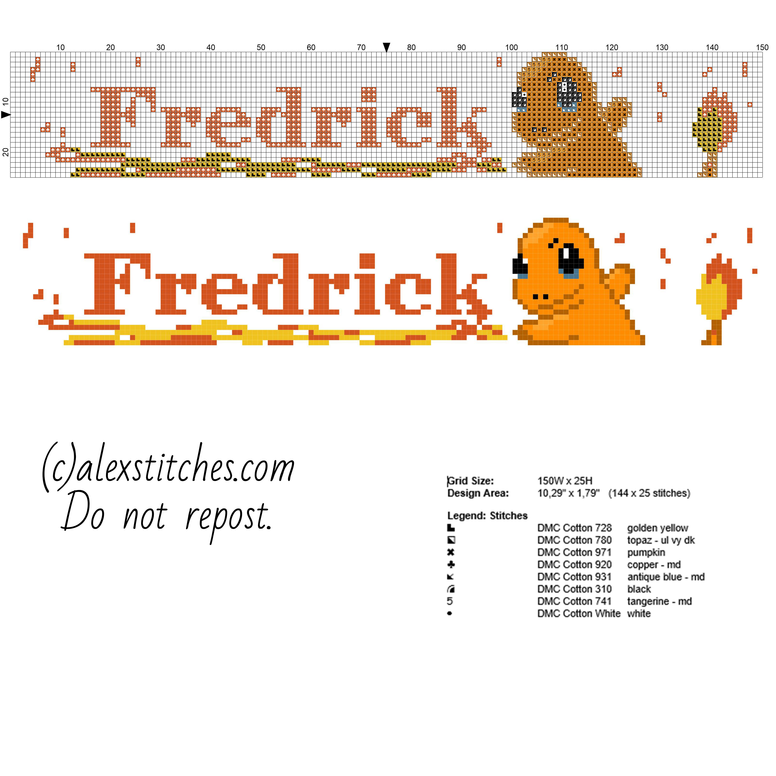 Fredrick cross stitch name male with Pokemon Charmander free download baby bib idea