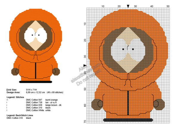 Free cross stitch pattern Kenny South Park character 49x69