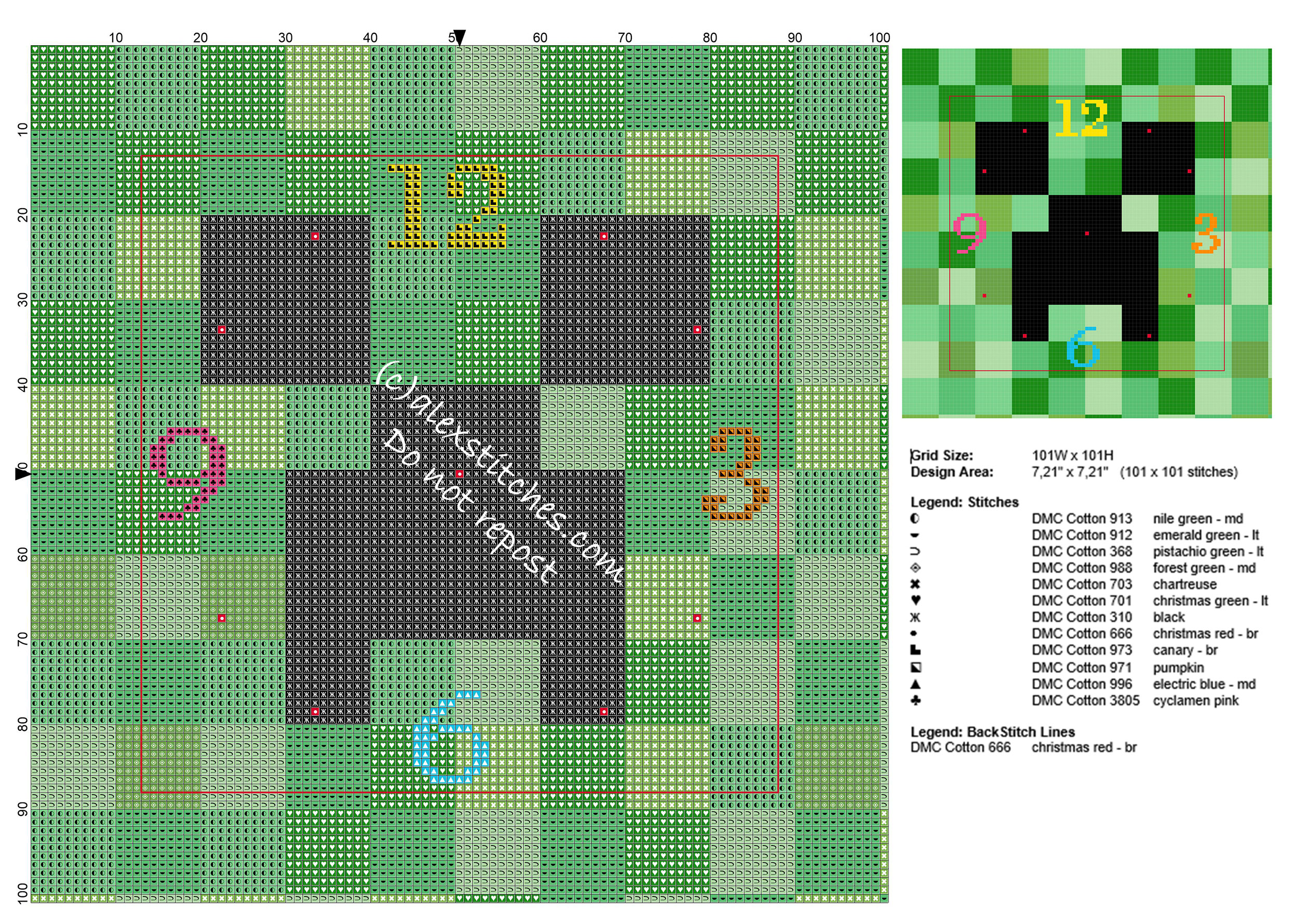 Free cross stitch pattern clock with funny Minecraft Creeper