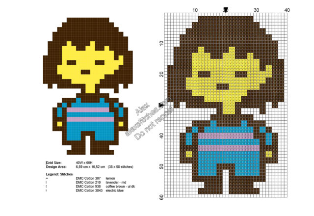 Frisk The Human from Undertale videogame free cross stitch pattern 38x58
