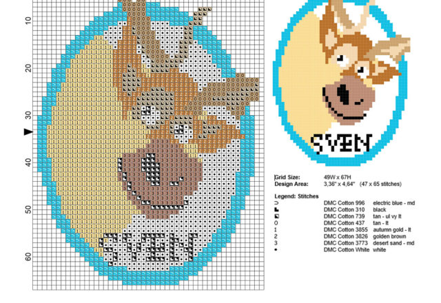 Frozen reindeer Sven small free cross stitch pattern 47 x 65 stitches 8 DMC threads