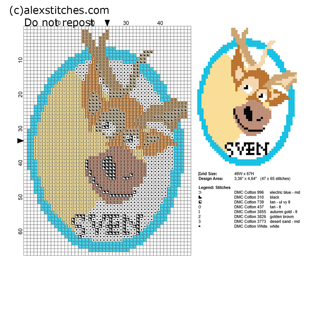Frozen reindeer Sven small free cross stitch pattern 47 x 65 stitches 8 DMC threads