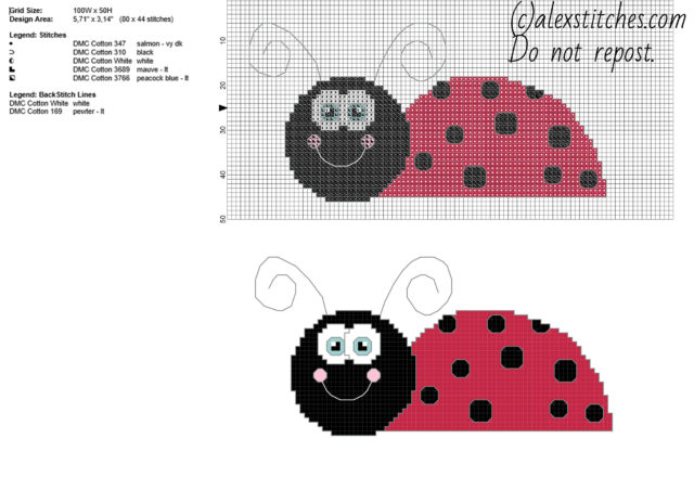 Funny cartoon ladybug free cross stitch pattern 80 x 44 stitches 6 DMC threads