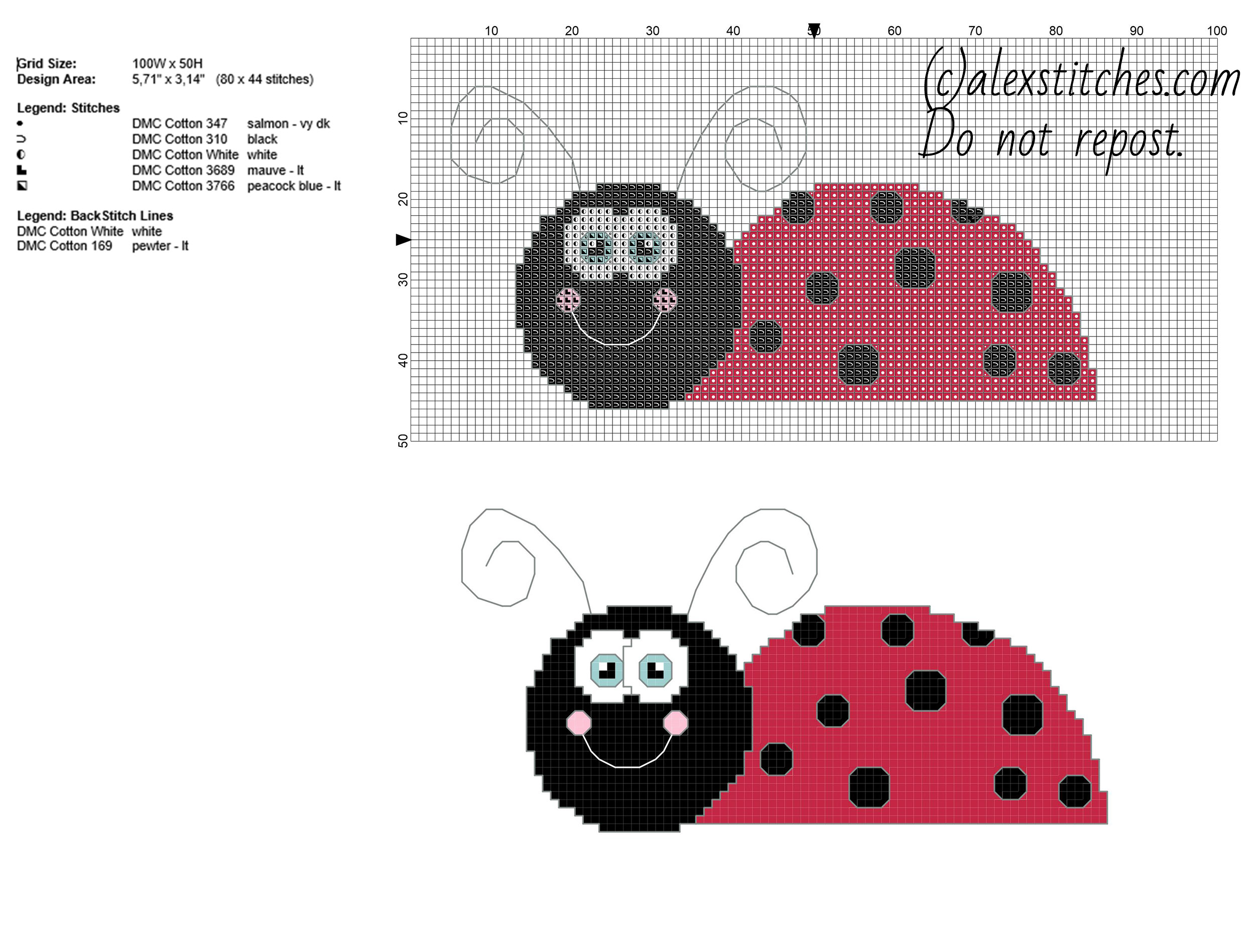 Funny cartoon ladybug free cross stitch pattern 80 x 44 stitches 6 DMC threads