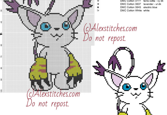 Gatomon Digimon free cross stitch pattern 80x101 7 colors