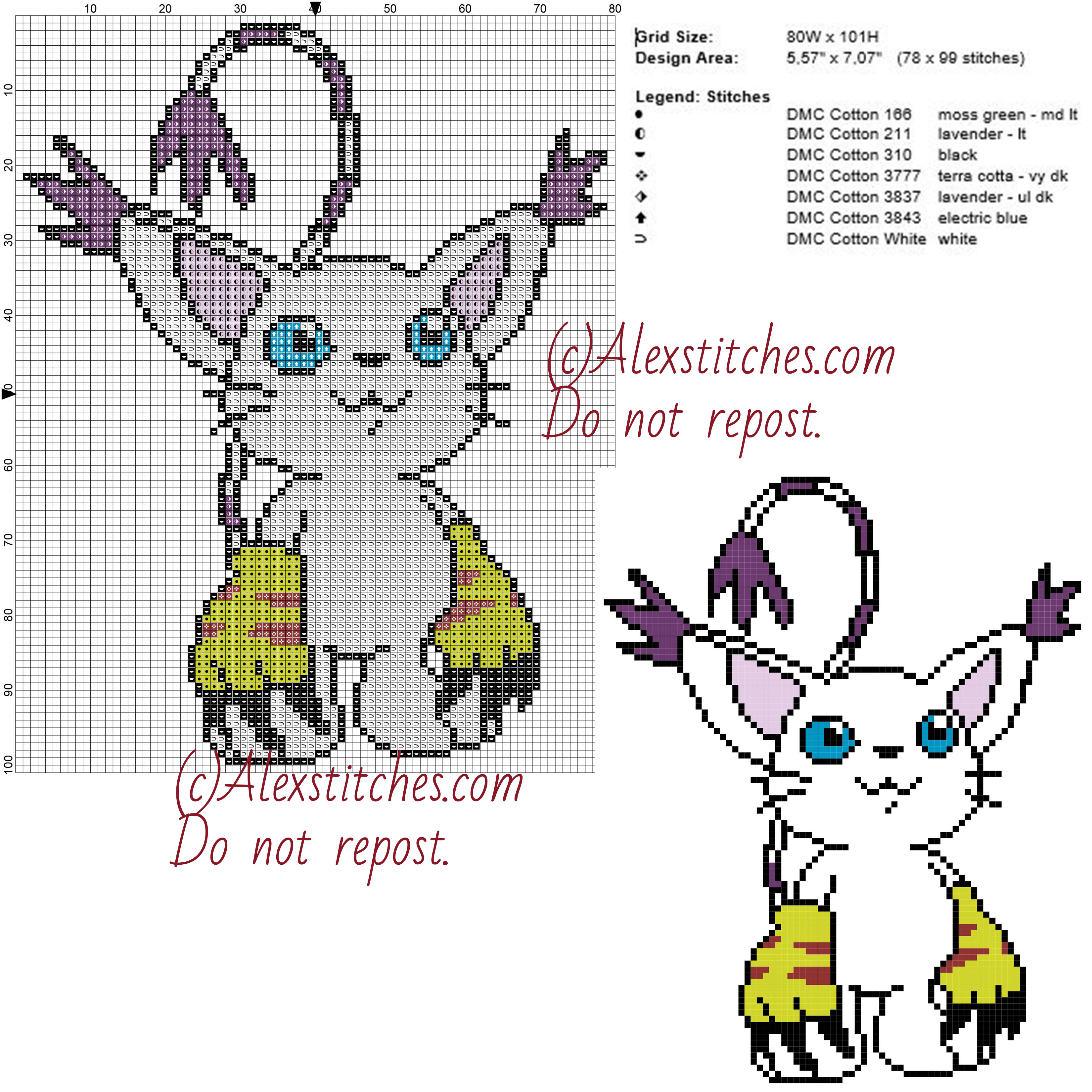 Gatomon Digimon free cross stitch pattern 80x101 7 colors