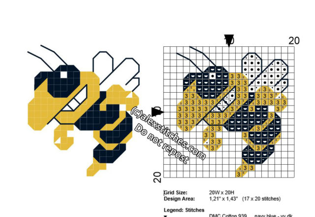 Georgia Tech Yellow Jackets Buzz mascot hornet free cross stitch pattern