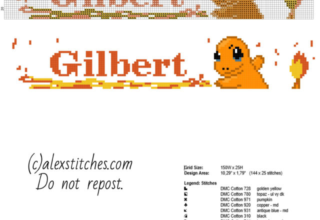 Gilbert cross stitch baby male name with Pokemon Charmander and flames free download baby bibs idea