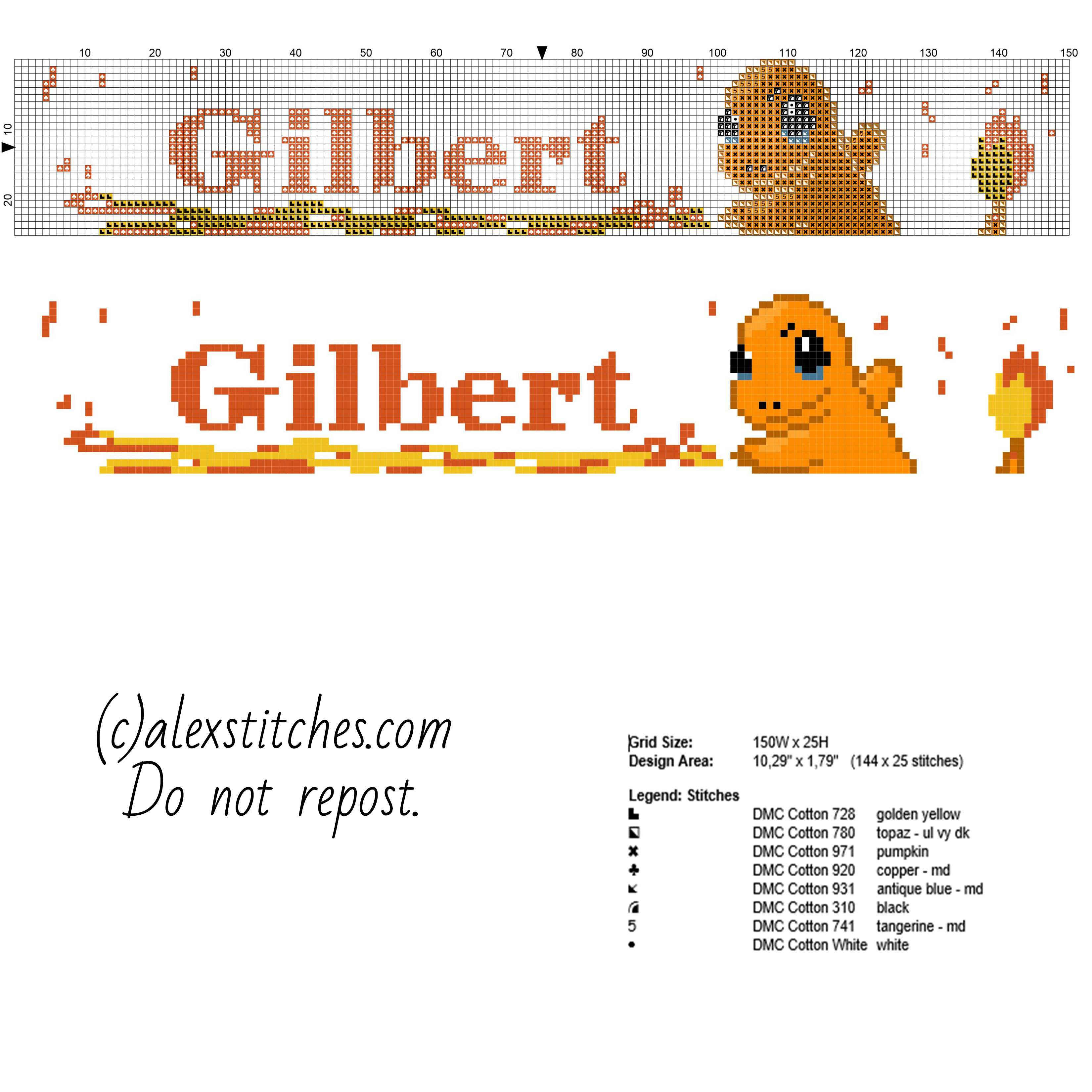 Gilbert cross stitch baby male name with Pokemon Charmander and flames free download baby bibs idea