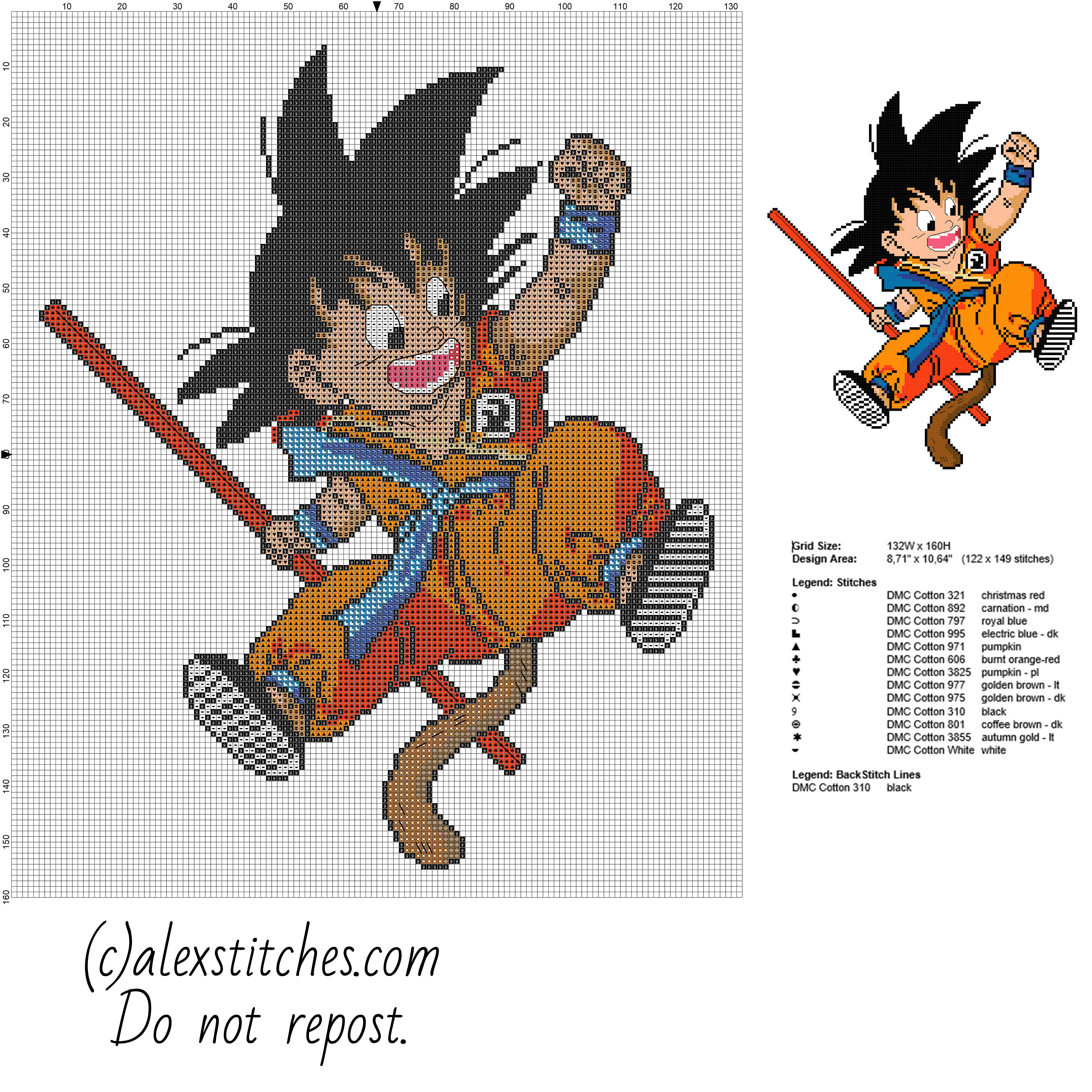 Goku kid Dragon Ball character free cross stitch pattern