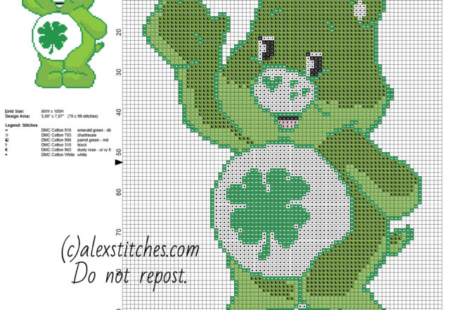 Good Luck Bear Care Bears character free cross stitch pattern 70 x 99 stitches 6 DMC threads