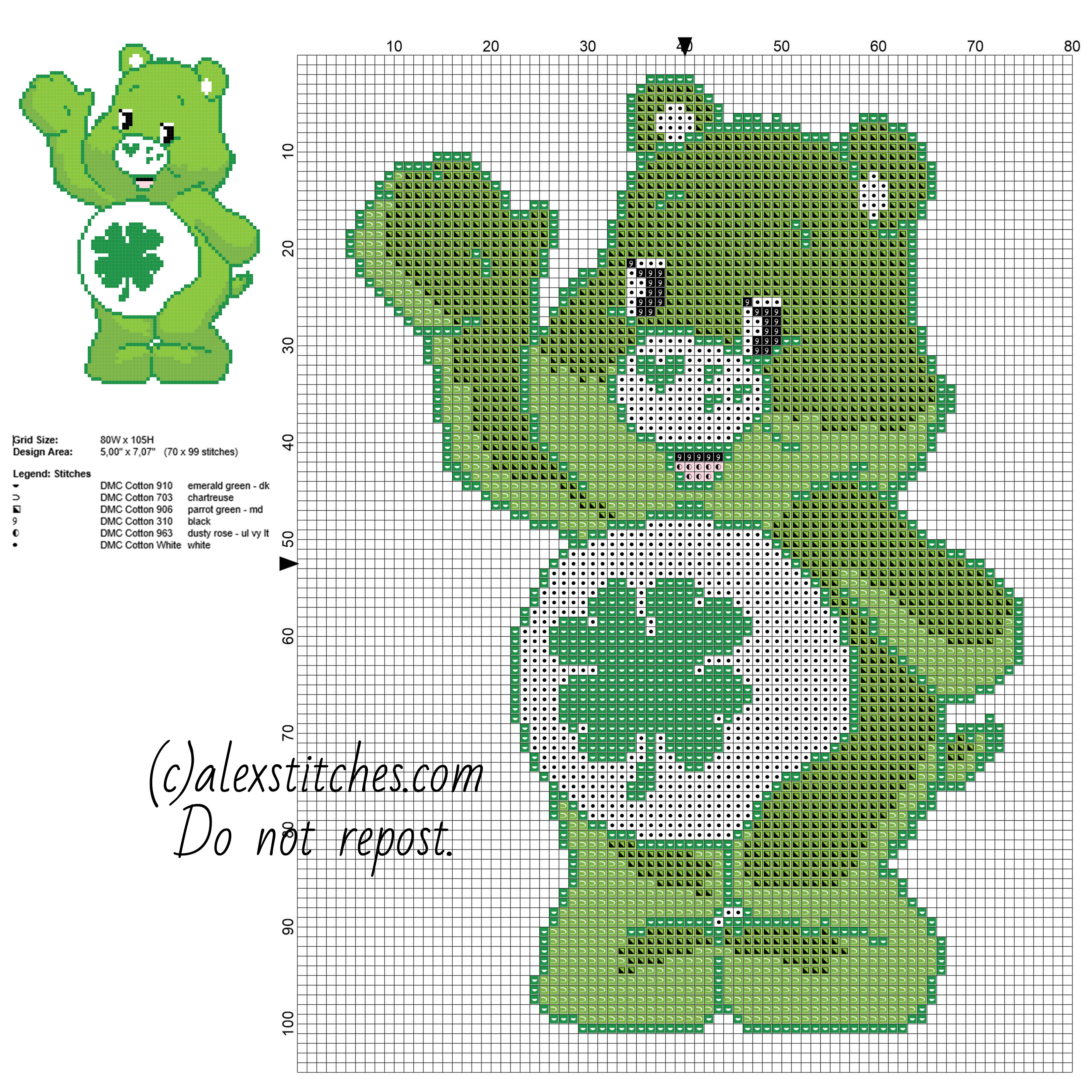 Good Luck Bear Care Bears character free cross stitch pattern 70 x 99 stitches 6 DMC threads