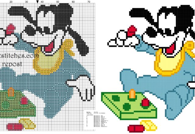 Goofy baby with toys cross stitch patterns free