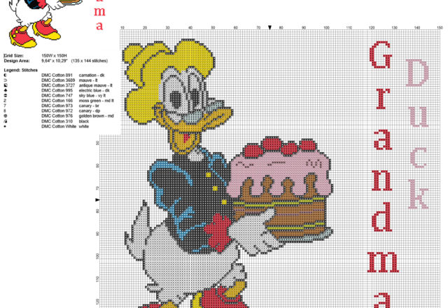 Grandma Duck Disney Mickey Mouse character free cross stitch pattern big size