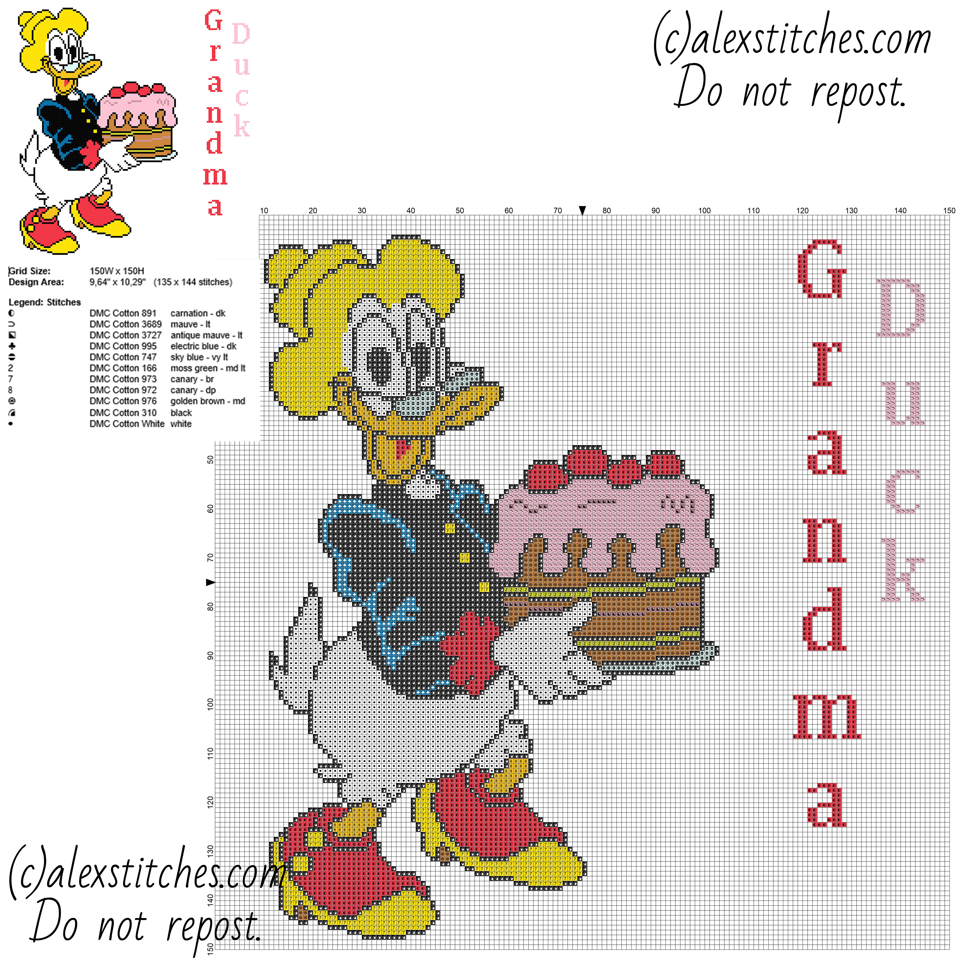 Grandma Duck Disney Mickey Mouse character free cross stitch pattern big size