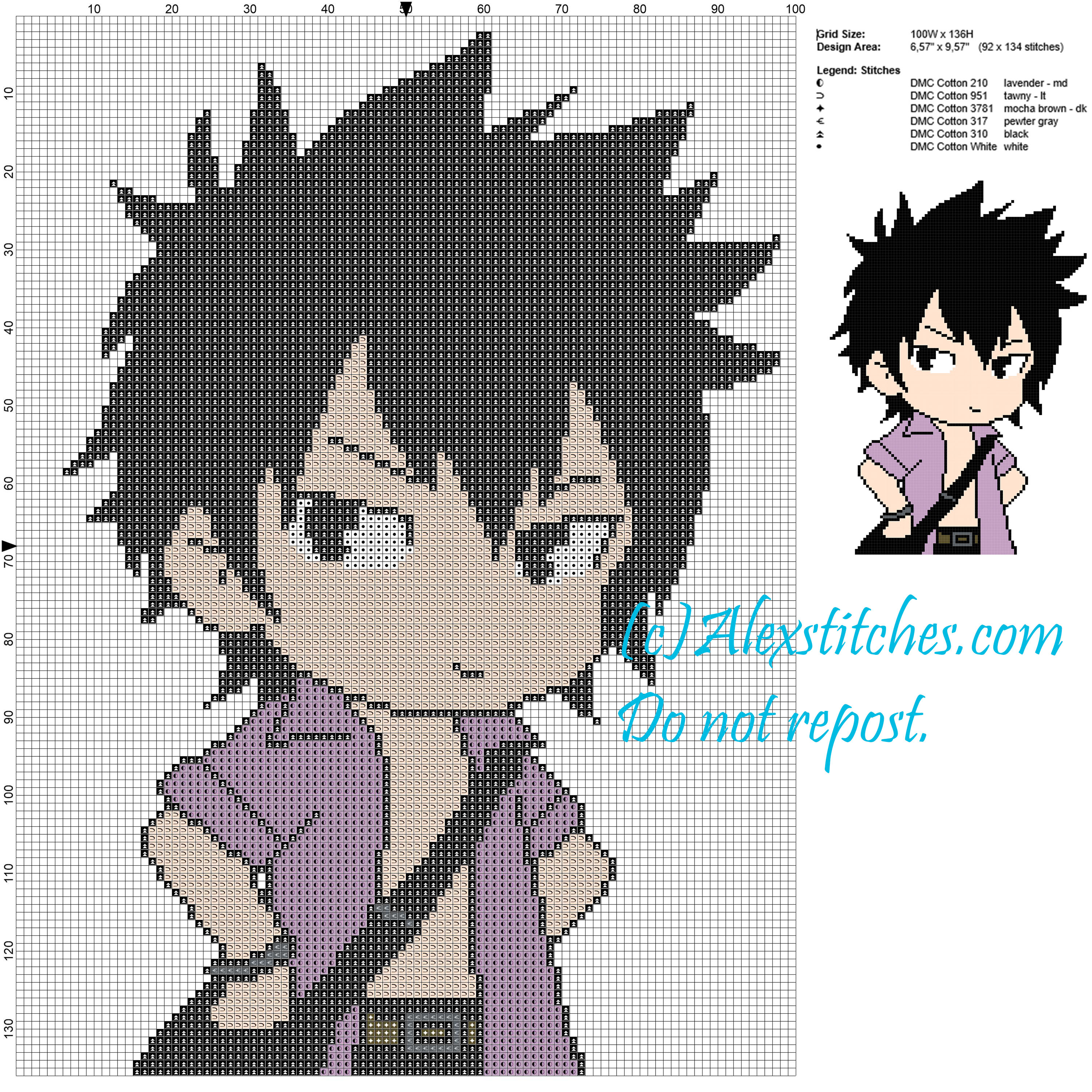 Gray (Fairy Tail) cross stitch pattern 100x136 6 colors