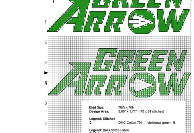 Green Arrow DC Comics Superhero text and logo free cross stitch pattern 70 x 24 stitches
