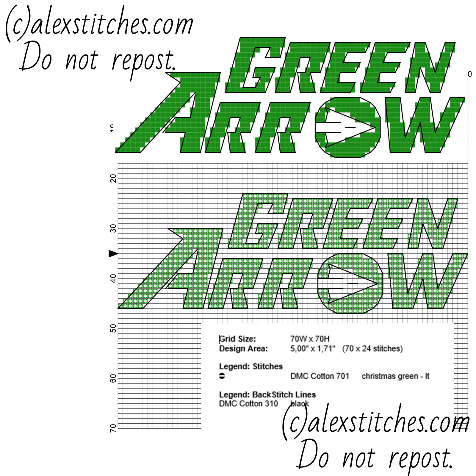 Green Arrow DC Comics Superhero text and logo free cross stitch pattern 70 x 24 stitches