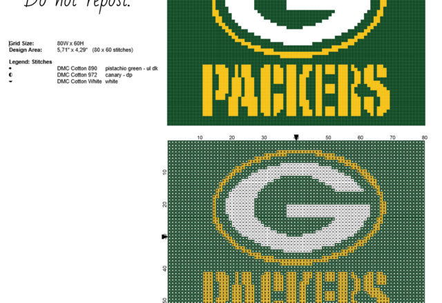 Green Bay Packers National Football League NFL team logo free cross stitch pattern size 80 x 60