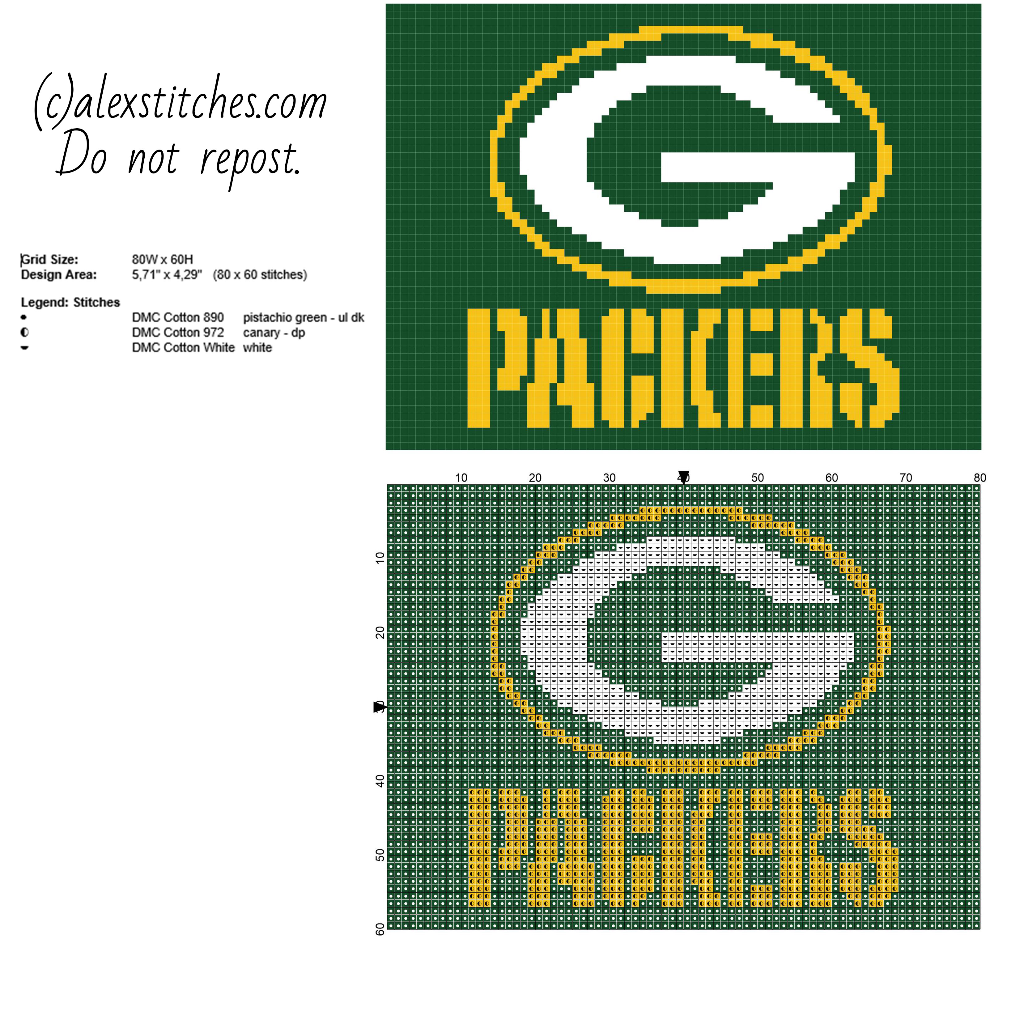 Green Bay Packers National Football League NFL team logo free cross stitch pattern size 80 x 60