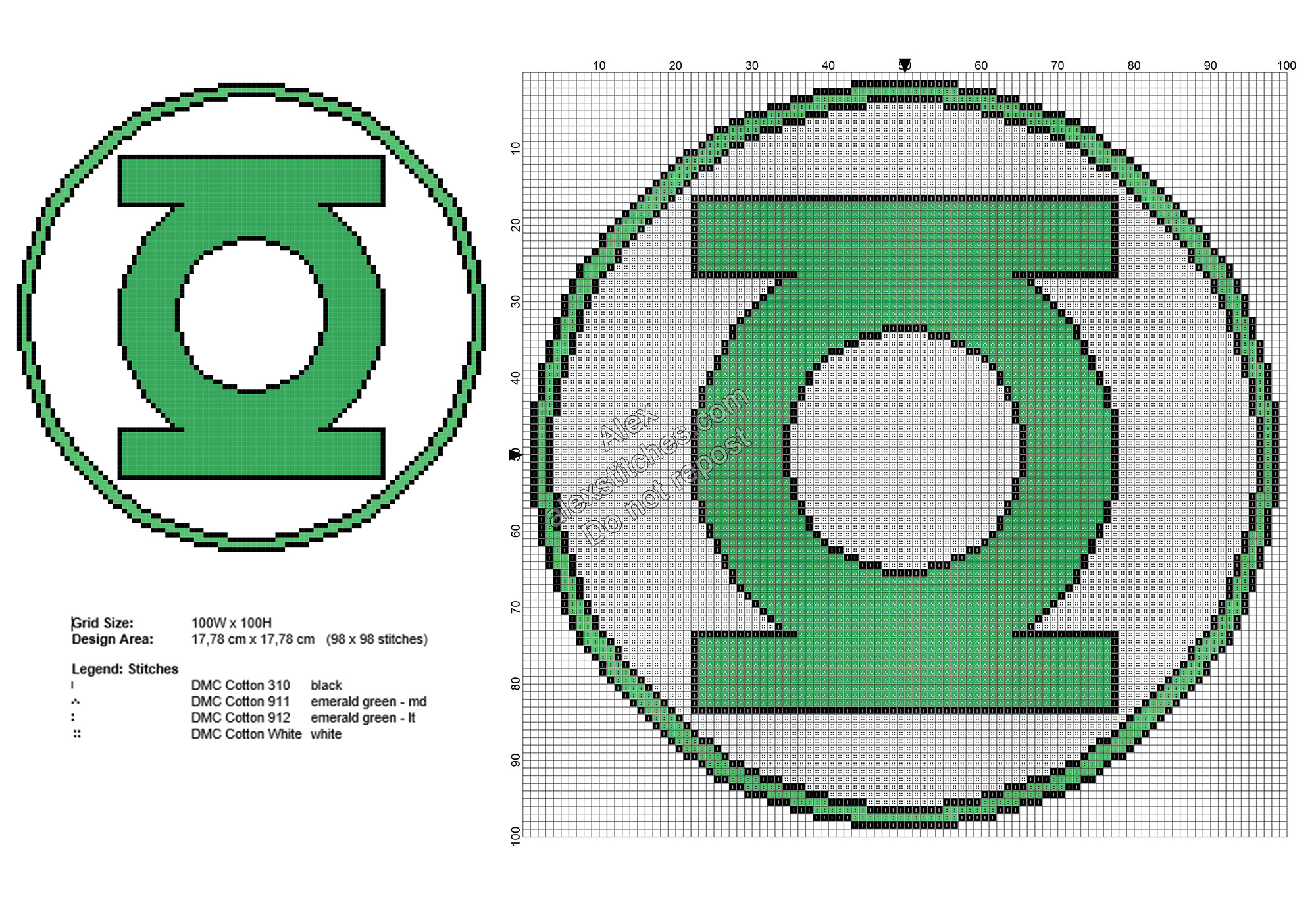 Green Lantern logo free Superheroes cross stitch patterns 98x98