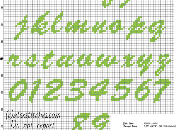 Green italic lowercase and numbers cross stitch alphabet for names with Good Luck Bear free download