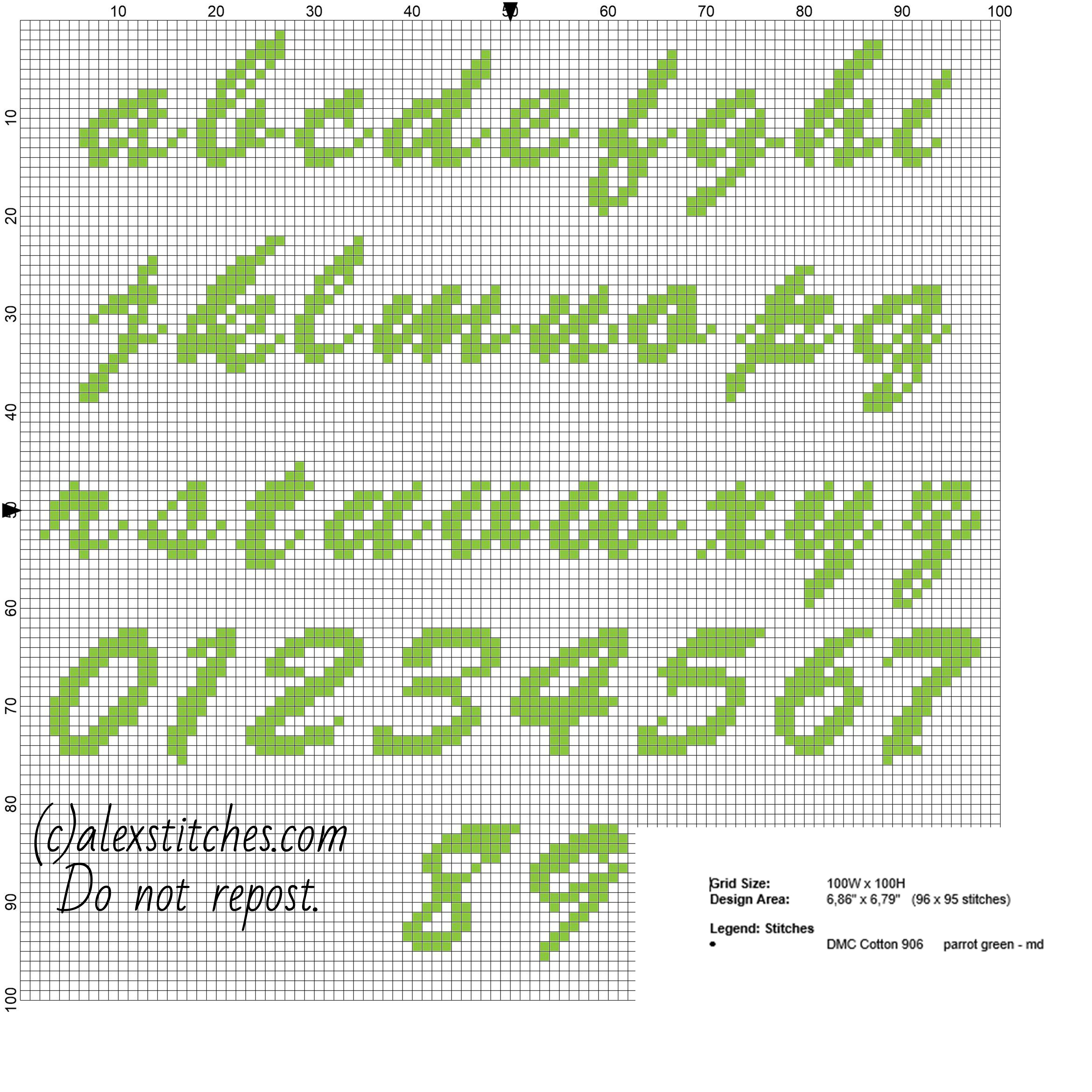 Green italic lowercase and numbers cross stitch alphabet for names with Good Luck Bear free download