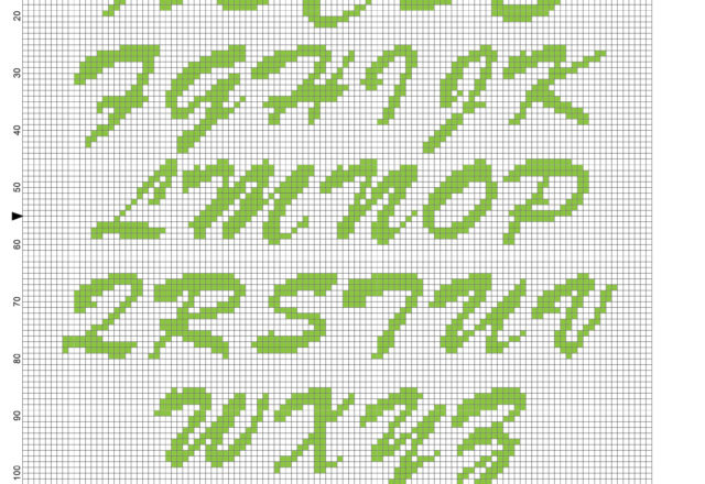 Green italic uppercase letters cross stitch alphabet for names with Good Luck Bear free download to pc