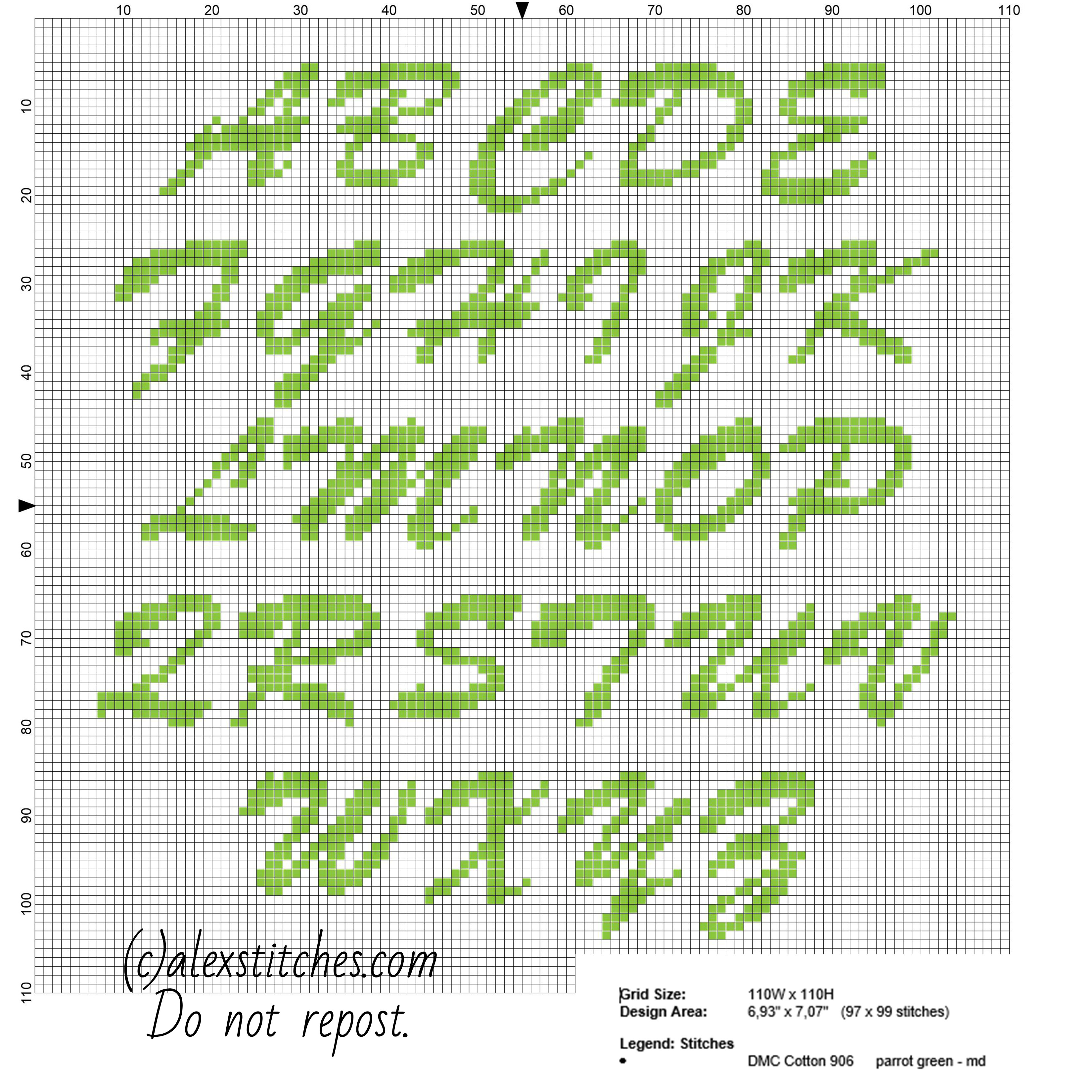 Green italic uppercase letters cross stitch alphabet for names with Good Luck Bear free download to pc