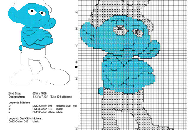 Grouchy Smurf The Smurfs character free cross stitch pattern with back stitch