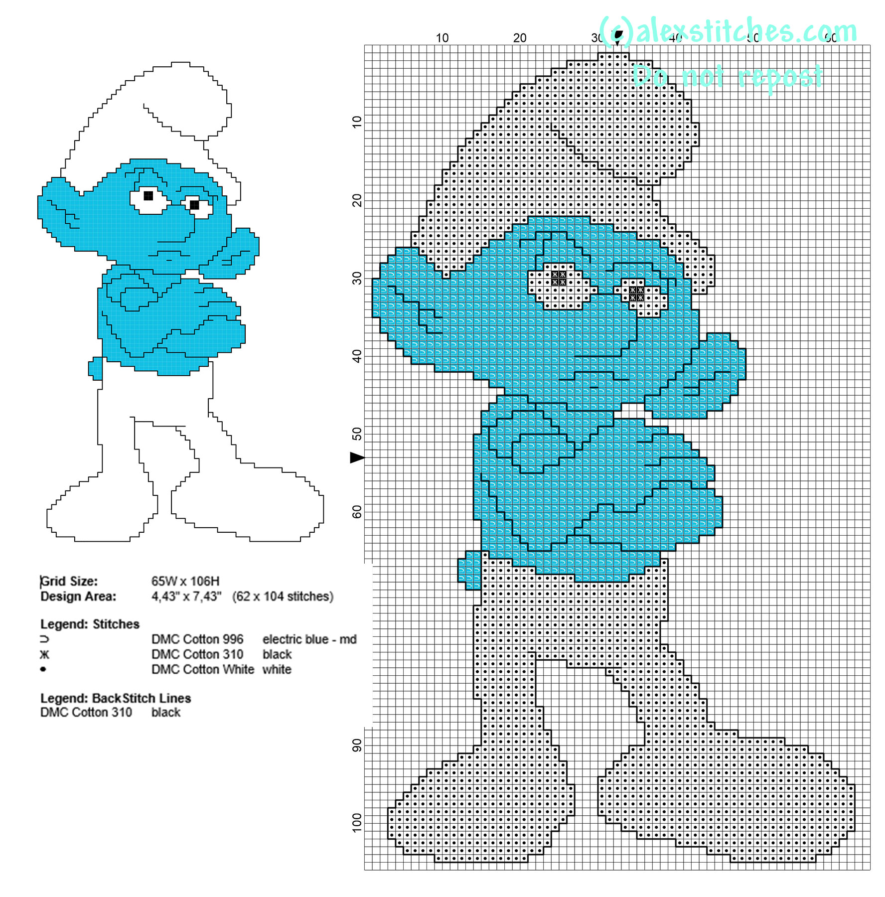 Grouchy Smurf The Smurfs character free cross stitch pattern with back stitch