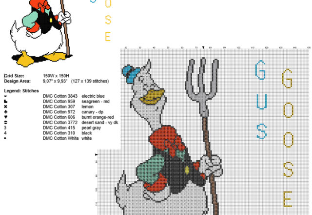 Gus Goose Disney Mickey Mouse character big size free cross stitch pattern