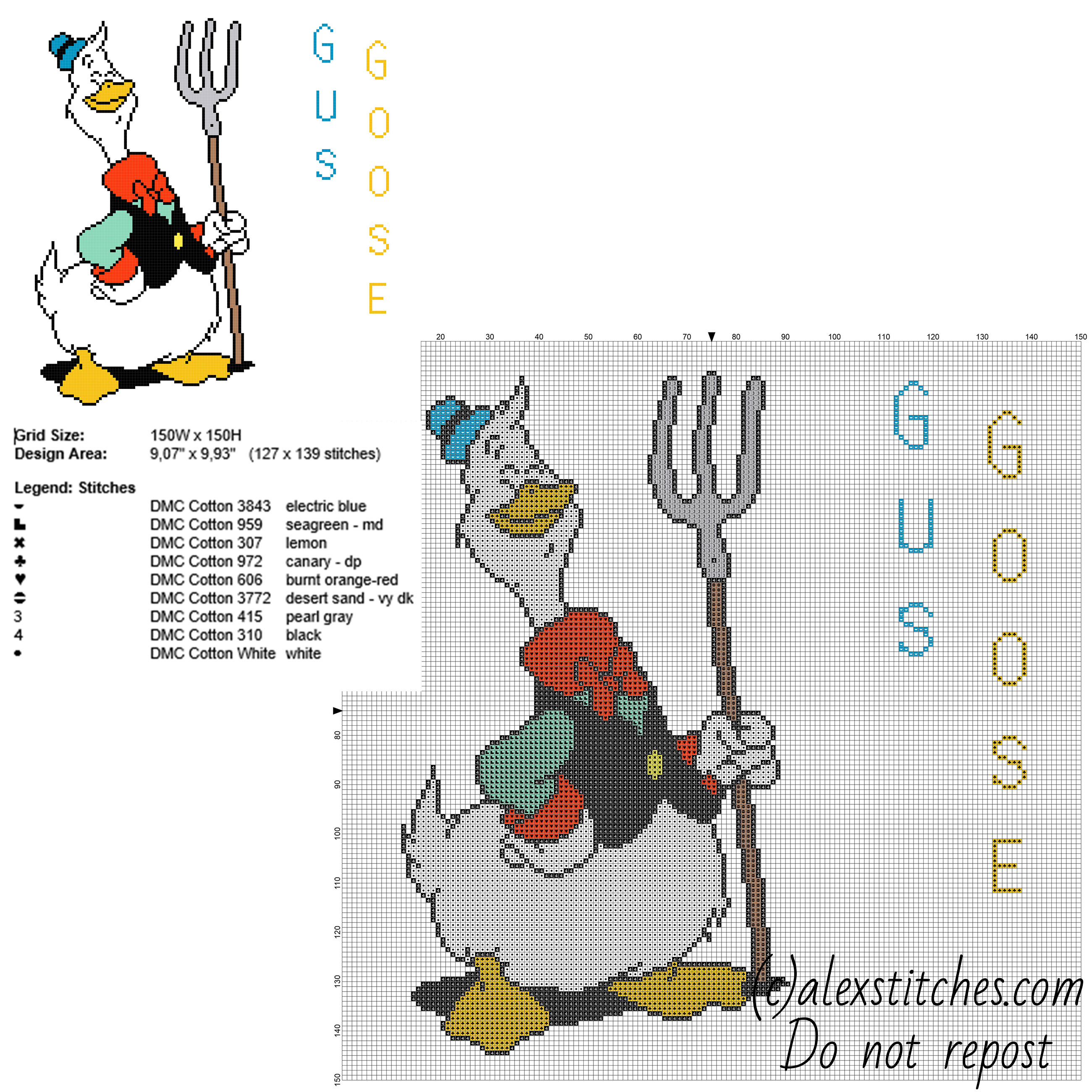 Gus Goose Disney Mickey Mouse character big size free cross stitch pattern