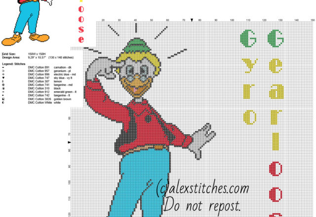 Gyro Gearloose Disney Mickey Mouse character free cross stitch pattern big size 150 stitches