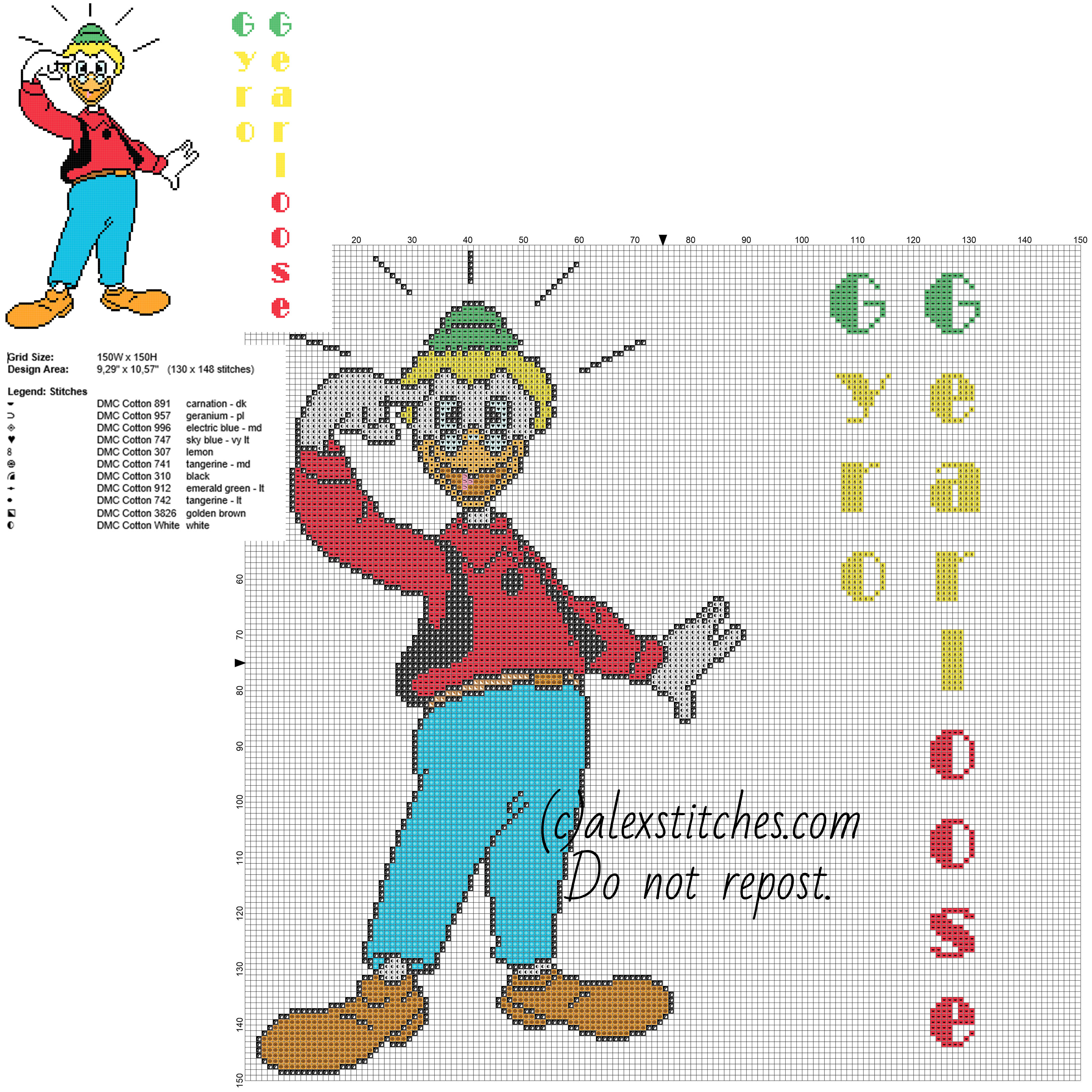 Gyro Gearloose Disney Mickey Mouse character free cross stitch pattern big size 150 stitches