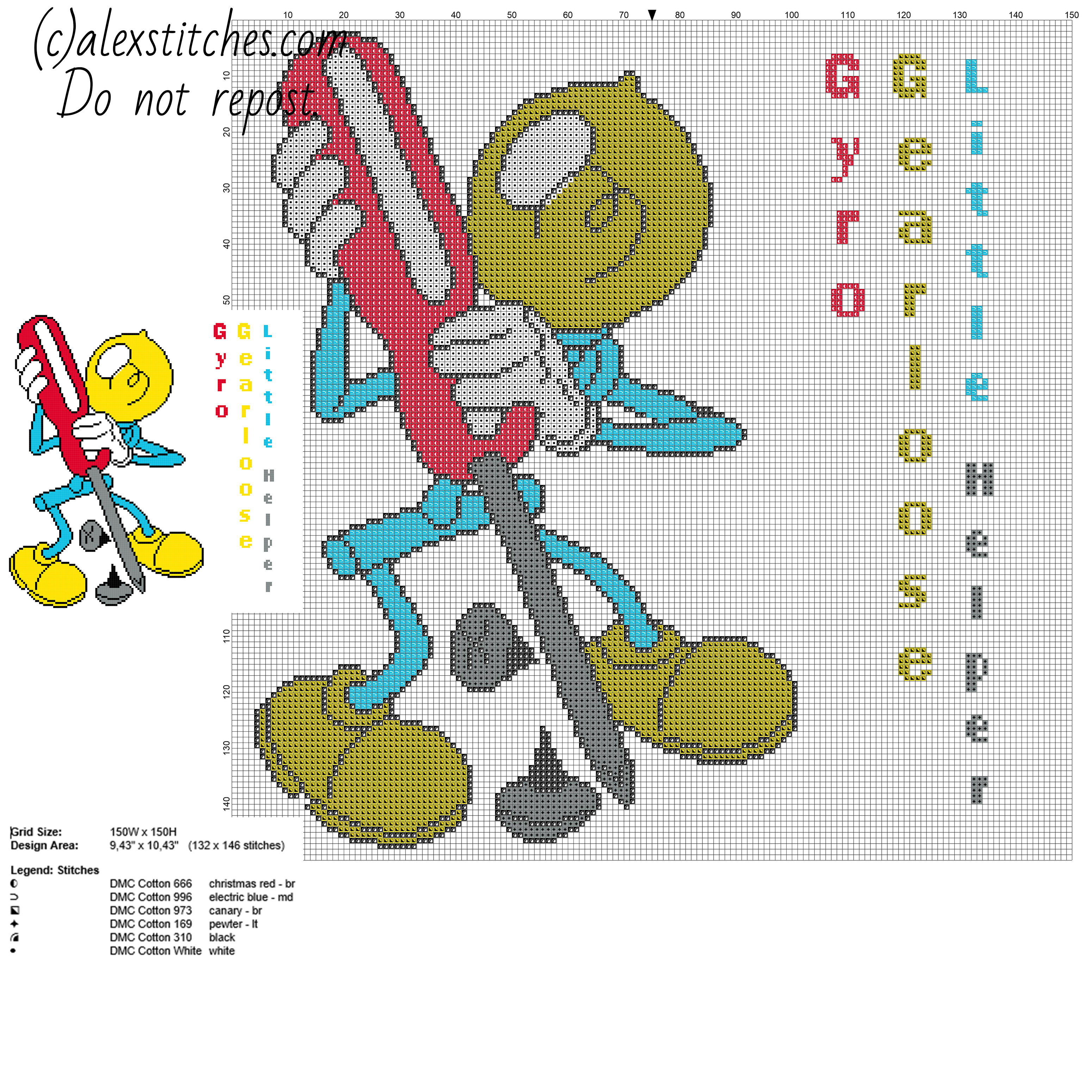 Gyro Gearloose Little Helper Disney Mickey Mouse character cross stitch pattern big size 150 stitches